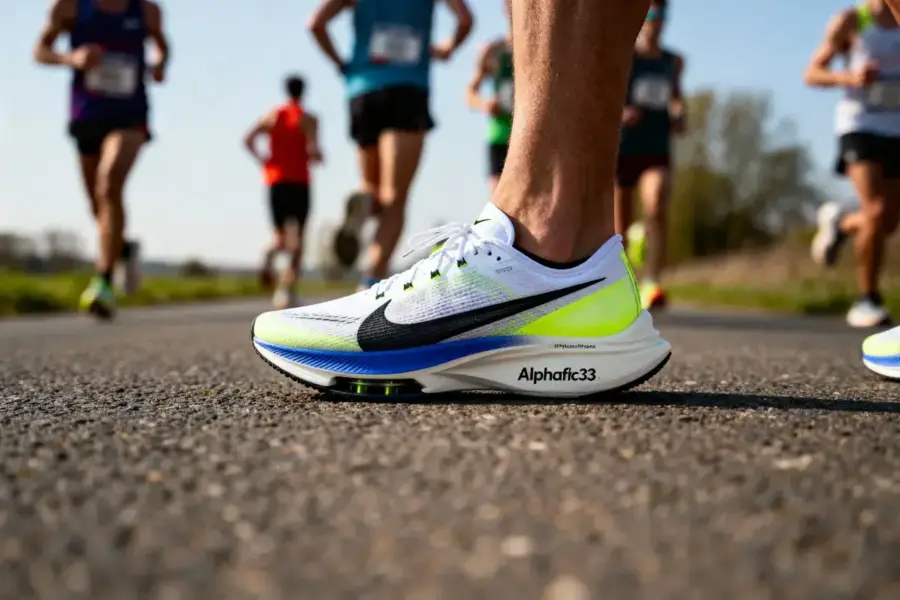 Gros plan sur des coureurs portant des chaussures de sport colorées, sur une route durant une course.