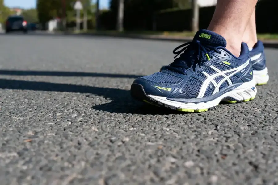 Un pied en baskets bleues Asics marche sur une route ensoleillée.