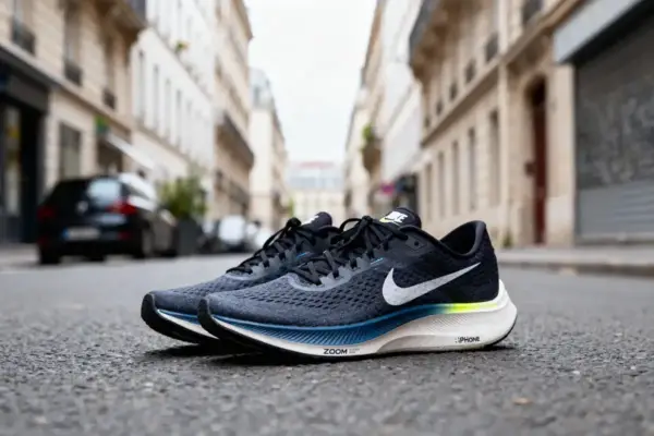 Des baskets noires avec logo blanc posées sur une rue pavée, immeubles flous en arrière-plan.