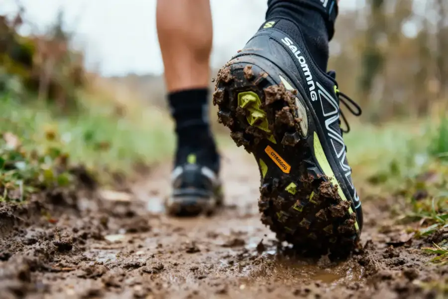 Chaussure de trail Salomon dans la boue, en plein air sur un sentier naturel.