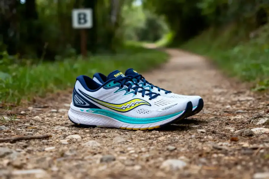Paire de chaussures de course blanches sur un chemin de terre en forêt verdoyante.