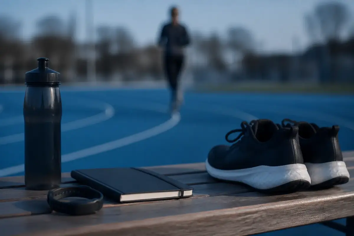 Montre de sport, carnet d’entraînement, gourde et chaussures de course posés sur un banc au bord d’une piste