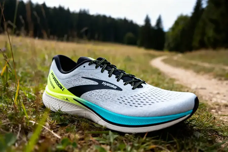 Chaussure Brooks Hyperion Elite 5 posée sur un sentier naturel en forêt verdoyante
