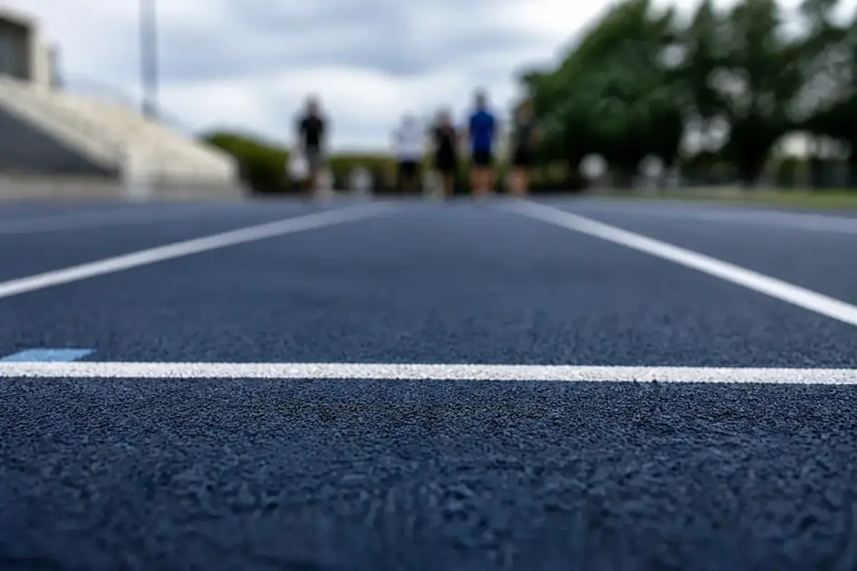 Ligne de départ d’une piste d’athlétisme bleu foncé vue au ras du sol