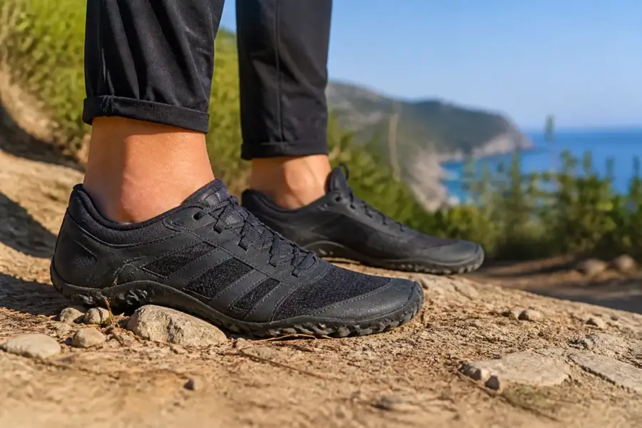 Personne portant des chaussures minimalistes noires sur un sentier de randonnée côtier ensoleillé