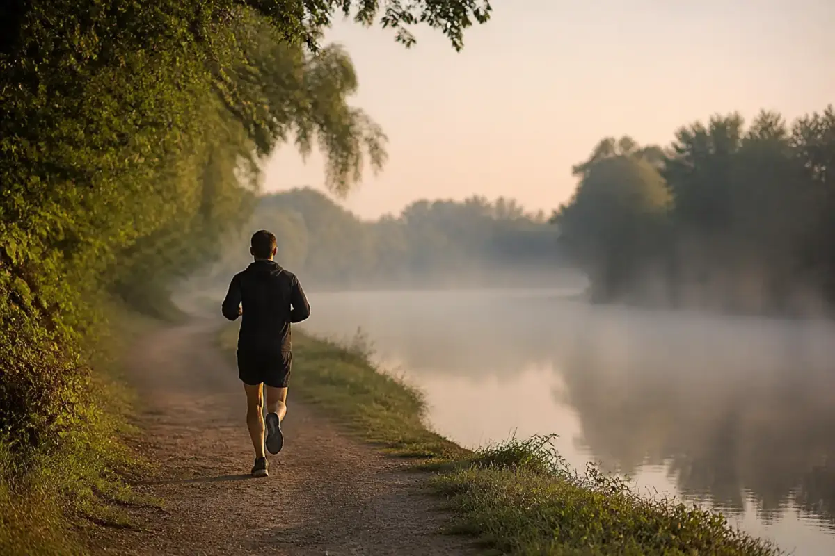 Coureur vu de dos sur un chemin de terre au bord d’une rivière, dans la brume du matin