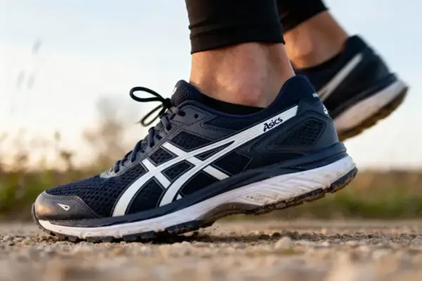 Gros plan sur des chaussures de course Asics bleues sur chemin de terre.