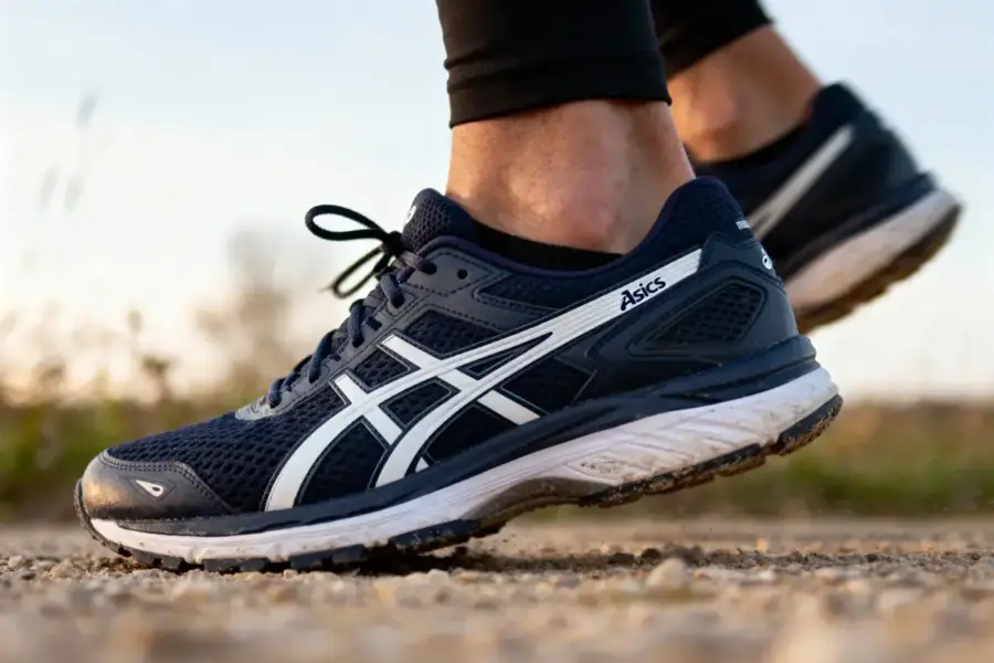 Gros plan sur des chaussures de course Asics bleues sur chemin de terre.