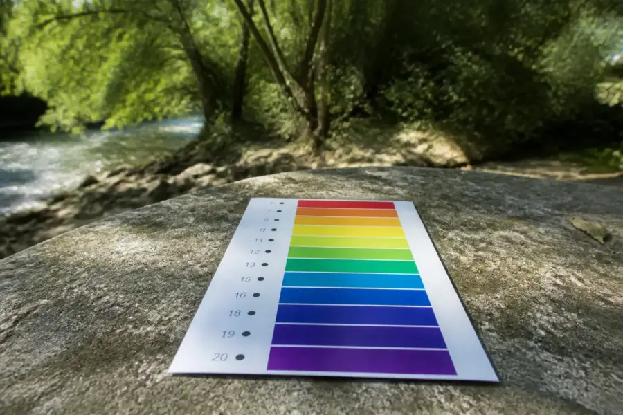 Échelle de Borg colorée posée sur rocher en forêt près d'une rivière serpentine