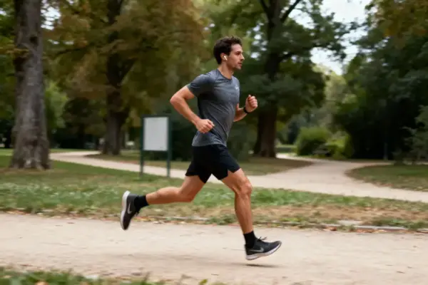 Homme courant sur un chemin de terre dans un parc, portant des vêtements de sport et écouteurs.