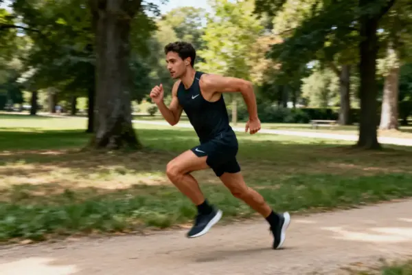 Homme courant sur un chemin de parc, portant tenue de sport noire, écouteurs, arbres en arrière-plan, journée ensoleillée.