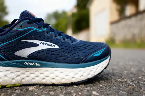 Chaussure de course bleu Brooks sur route, modèle avec technologie glycérine max intégrée