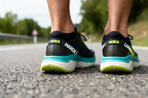 Vue arrière de chaussures Hoka Carbon X sur route en plein air