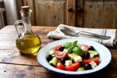 Salade grecque avec huile d'olive et régime sain sur table en bois rustique
