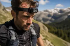 Homme courant en montagne avec lampe frontale pour trail, sac d'hydratation visible.