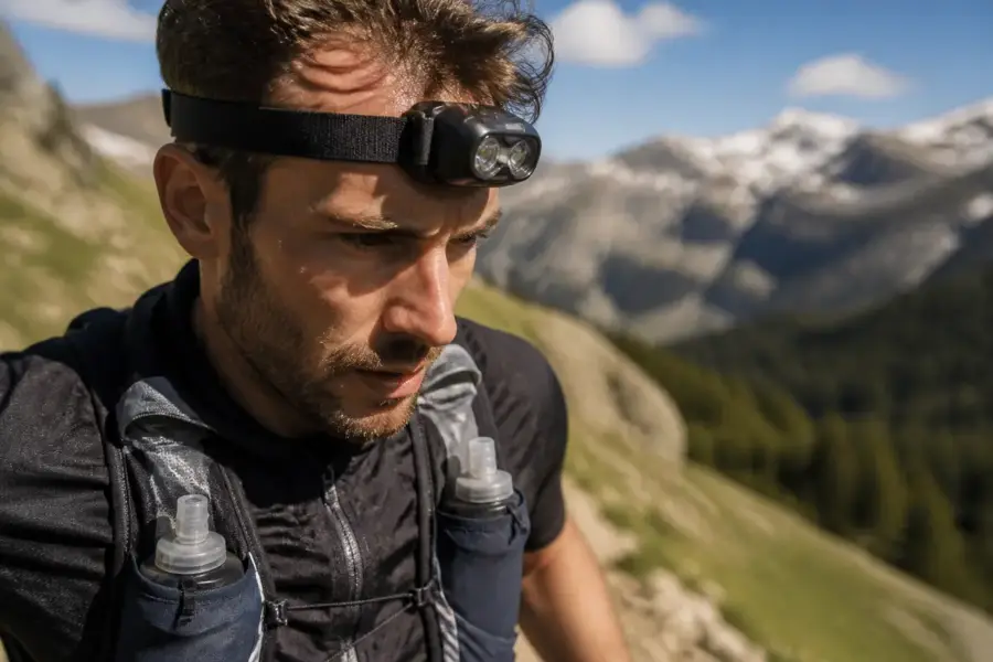 Homme courant en montagne avec lampe frontale pour trail, sac d'hydratation visible.