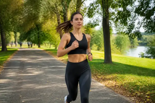 Femme courant dans un parc, portant legging de running femme, entourée de verdure