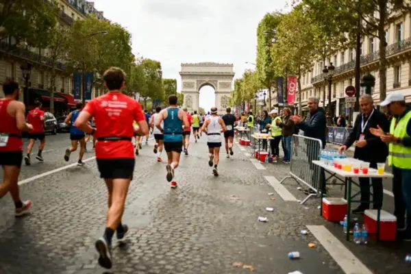 Coureurs participant à une course à Paris, Arc de Triomphe en arrière-plan, passages de ravitaillement avec boissons.