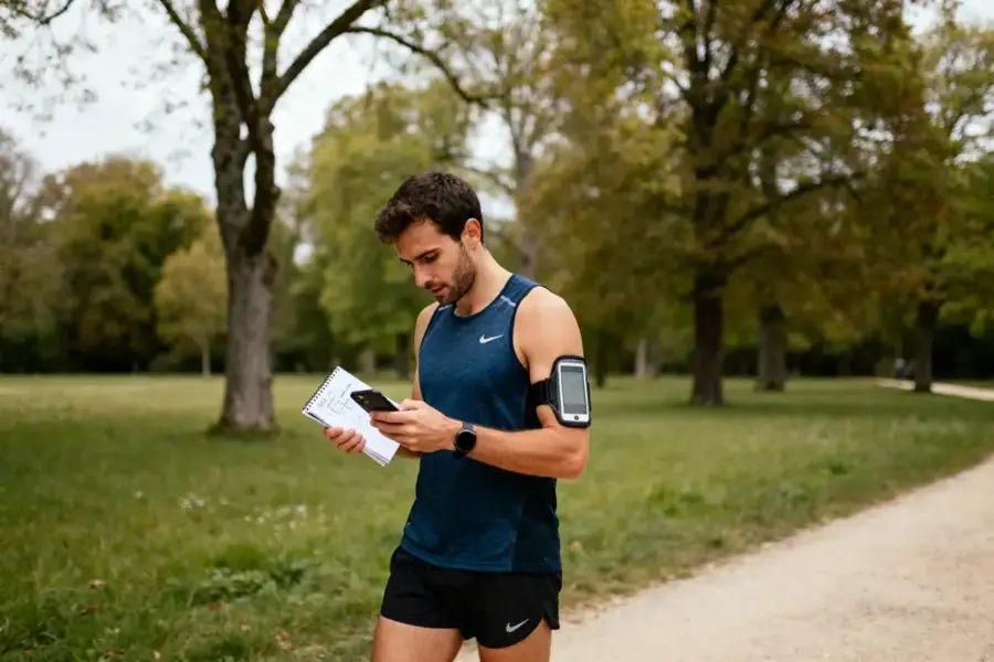 Joggeur consultant son smartphone pour suivre un plan d'entraînement pour 10 km en parc