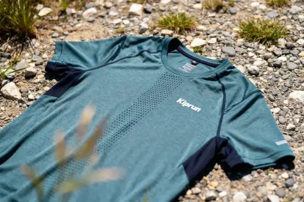T-shirt Kiprun bleu posé sur sol caillouteux avec herbes sèches autour