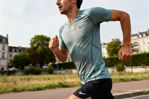 Homme courant en extérieur portant un vêtement de running adapté aux conditions estivales